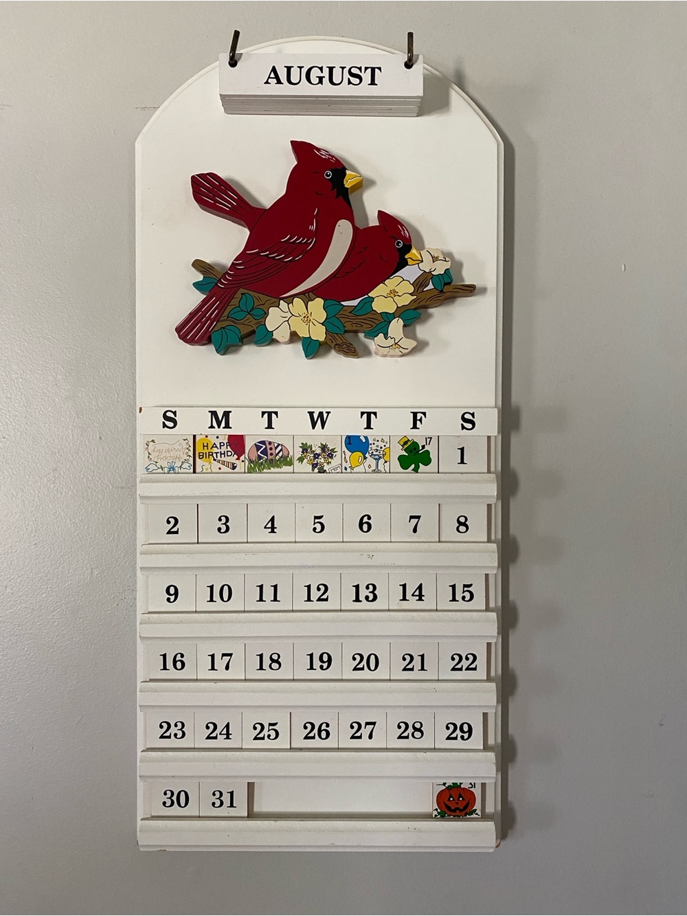 Wooden Cardinal Perpetual Wall Calendar - White & Red